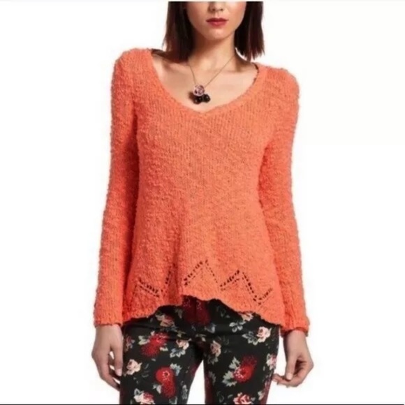 Anthropologie Yellow Bird Pointelle Sweater Coral V-neck nubby twist back hi low - Picture 2 of 11